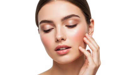 A young woman with rosy cheeks gently touches her face with her hand, isolated on transparent background