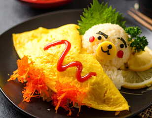 A cute Omurice, a Japanese rice dish, shaped like a bear, covered with omelette like a blanket 