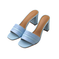 Chunky heel mules in pastel blue, positioned neatly on white background