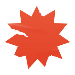 Torn red starburst sticker in jagged shape. Wrinkled sale price tag with grunge texture for discount badge designs, promo label templates. Blank vintage element.