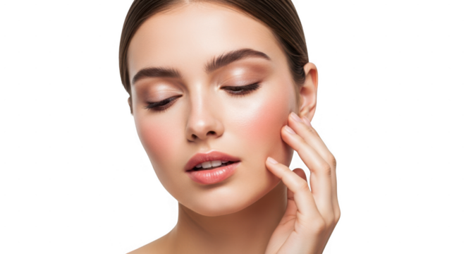 A young woman with rosy cheeks gently touches her face with her hand, isolated on transparent background