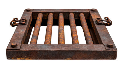 Old rusty metal grate with decorative handles isolated on transparent background