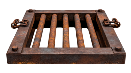 Old rusty metal grate with decorative handles isolated on transparent background