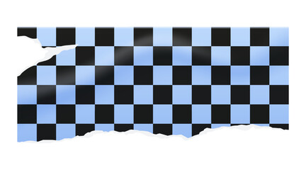 Glossy torn checkerboard label in blue and black colors. Retro Y2K tag element with transparent background for punk zines, poster designs, collage. Vintage grid border badge.