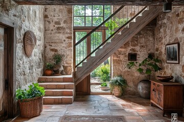 Entryway with a rustic staircase, reflecting farmhouse interior design for a modern entrance hall with a door, Generative AI