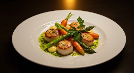 Delicious pan seared scallops with vibrant baby carrots and asparagus in a delicate herb sauce on