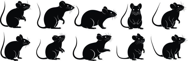 Mouse silhouette vector set – cartoon rodent clipart bundle for cute animal illustrations, pest control icons, and graphic designs