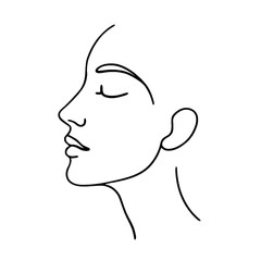 Minimalist line art of a woman’s face in profile with closed eyes, elegant continuous outline portrait vector illustration.
