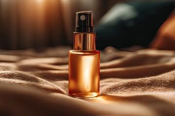 Fototapeta premium Amber spray bottle on a beige blanket, bathed in sunlight