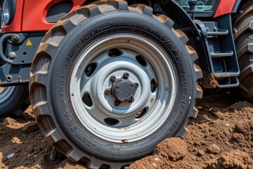 Tractor Wheel on Brown Soil Surrounded by Earth and Rocks Under Clear Blue Sky