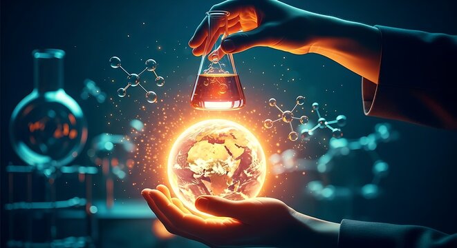 Scientist holding glowing flask with molecules in laboratory - Powered by Adobe