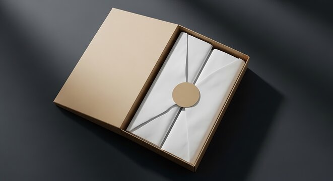 Open gift box revealing wrapped presents, sealed with a round sticker, on a dark surface.