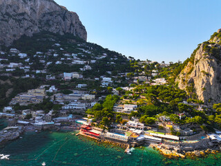 Capri. Amalfi coast. Italy. Drone view. View from above. Buildings and landmarks of Capri. Drone...