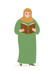 Muslim woman in hijab holding a book in her hands. Vector flat graphics.