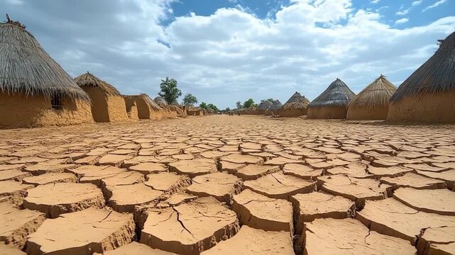 Village Under a Threatening Sky: The image tells of a rural village under a sky, the parched earth mirroring the struggle. A stark testament to the impact of drought and environmental adversity. 