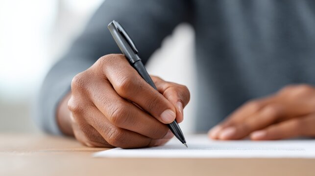 Office worker signing a document or filling out a form, writing a letter or taking notes, capturing details in a closeup view while engaged in various tasks at the desk