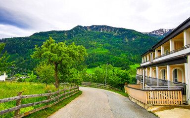 Road and buildings in the mountains village in Tyrol Austria.