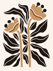Flat Illustration inspired by Henri Matisses cut out style with vector monochrome abstract flowers and leaves, hand drawn and isolated on a white background. 