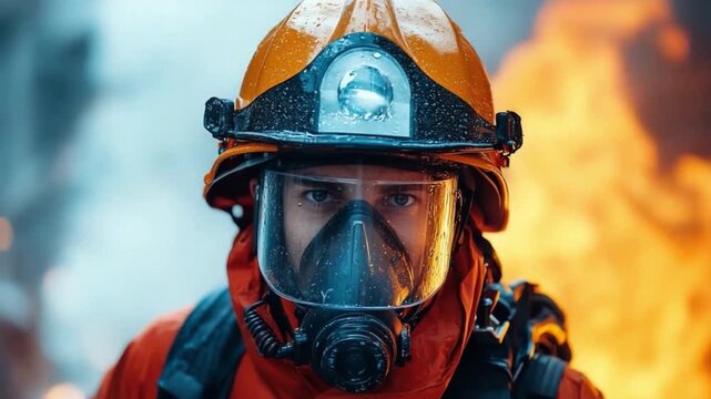 Courage Under Fire: A determined firefighter, eyes focused, confronts the intense blaze with unwavering resolve, embodying bravery and selflessness in the face of danger.