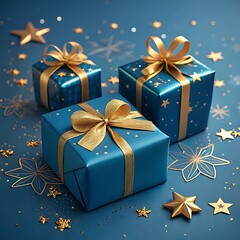Three blue gift boxes with golden ribbons and stars on a blue background