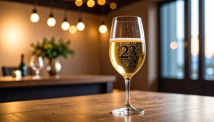 Glass of sparkling champagne with number 23 for 23rd anniversary or birthday party