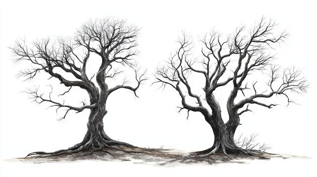 17.A series of vector images depicting barren, leafless trees with twisted, aged branches. The trees are intricately detailed with gnarled trunks and sparse limbs, isolated on a white background to