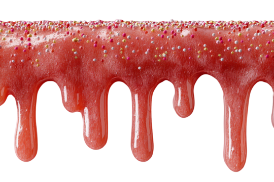 Viscous red substance dripping with colorful sprinkles against a transparent backdrop
