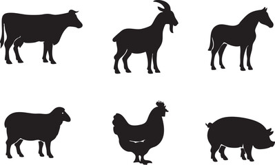 Farm Animal Silhouette Clipart &ndash; Cow, Goat, Horse, Sheep, Chicken & Pig Vectors for Agriculture Art, Educational Printables & Country Design Projects