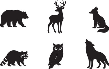 Forest Animal Silhouette Clipart Set – Bear, Deer, Fox, Raccoon, Owl & Wolf Vectors for Nature Art, Printables, Tattoos & Graphic Design Projects