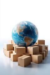 Global shipping and logistics concept with earth and cardboard boxes