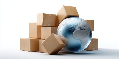 Global shipping concept with earth surrounded by wooden boxes on white background