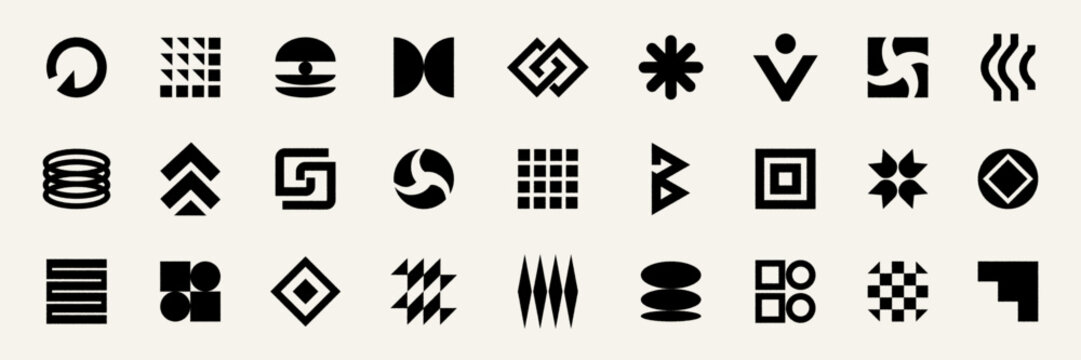 Vector set of brutalist abstract geometric shapes. Bold black minimalist icons and design elements inspired by brutalism, perfect for modern logos, patterns, posters, and tech branding.