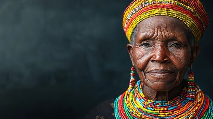 Obraz premium Elderly woman portrait from african tribe colorful traditional attire close-up studio cultural heritage