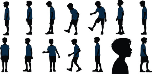 Silhouette of standing and walking boy in multiple poses, child side profile vector, casual clothing illustration, editable layered graphic