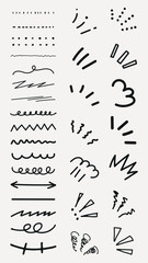 Collection of hand-drawn lines and doodles. Includes arrows, squiggles, and dots. Perfect for creative designs, hand-drawn effects, and artistic projects. Black hand drawn elements, vector set.