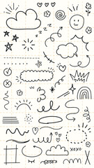 Doodle set with clouds, stars, and hearts. Playful clouds, swirling stars, and cute hearts. Simple clouds, and charming hearts in black and white. Hand drawn social media icons, vector set.