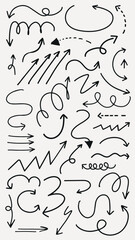 Collection of hand-drawn arrows in various styles. Curved arrows, zigzag arrows, and spiral arrows. Arrows pointing in different directions, artistic arrows. Black hand drawn elements, vector set.