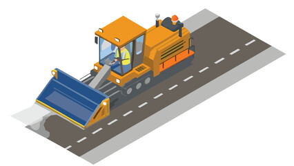 Isometric view of a cold planer machine removing asphalt from a road with two workers visible inside
