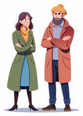 Frustrated couple standing with arms crossed in baggy winter jackets, facing each other in disagreement