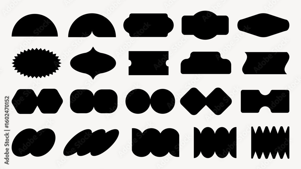 Poster grid of abstract black shapes on white background. various geometric forms repeat, creating a patter
