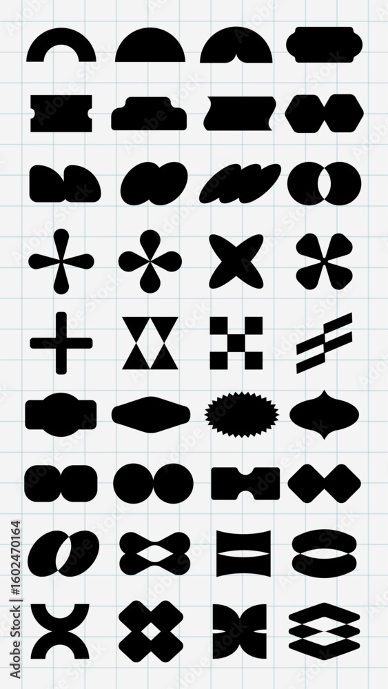 Poster grid of abstract black shapes on white background. various geometric forms repeat, creating a patter