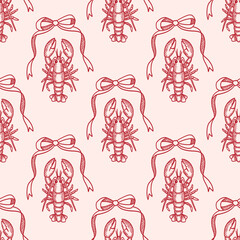 Preppy coquette seamless pattern of lobster, bow ribbons. Marine elegance damask design of crawfish with pincers. Underwater animal, seafood. Summer print for fabric, wallpaper, wrapping paper