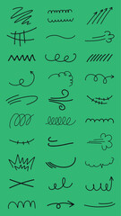 Collection of black doodle arrows and lines on a green background. Doodle arrows, swirls, and lines create a playful design. Arrows and lines in various styles. Black hand drawn elements, vector set.