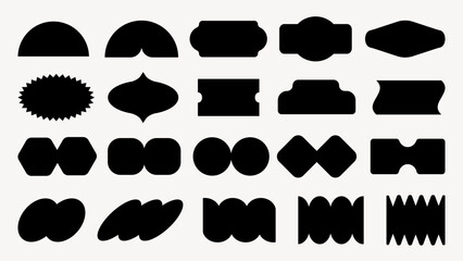 Fototapeta premium Grid of abstract black shapes on white background. Various geometric forms repeat, creating a pattern. Shapes include circles, crosses, and diamonds. Black shapes, vector element set.