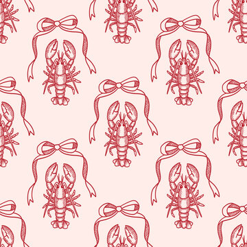 Preppy coquette seamless pattern of lobster, bow ribbons. Marine elegance damask design of crawfish with pincers. Underwater animal, seafood. Summer print for fabric, wallpaper, wrapping paper