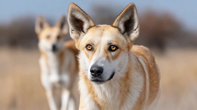 Dingo Pair Portrait: A captivating close-up of two dingoes with intense gaze. Capturing the wild essence of the native Australian predator.