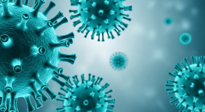 Close up of teal coronavirus particles with a blurred background