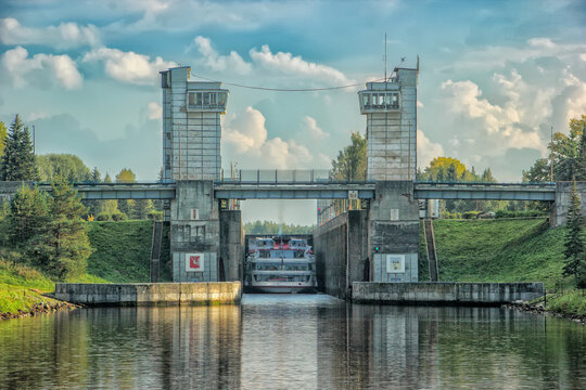 Russian Cruise ship in a lock on the River Svir in the north-east of Leningrad Oblast, Russia. It flows  from Lake Onega to Lake Ladoga, connecting the two largest lakes of Europe.