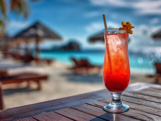 Red exotic cocktail in a glass stands on a beach table