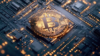 Bitcoin coin on a circuit board.  Golden Bitcoin symbol sits atop a complex circuit board, lit from within.  High-tech, digital currency, futuristic